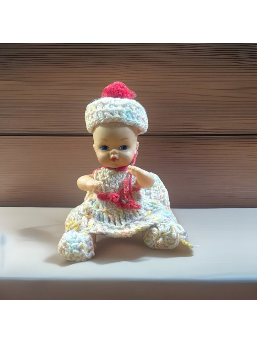 Vintage 7” Baby Doll with Plastic Body rubber Head Croqueted Outfit No Hair